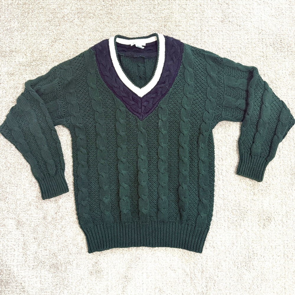 Jamie Scott Green Cable Knit V Neck Tennis Sweater‎ Navy Cream Preppy Medium